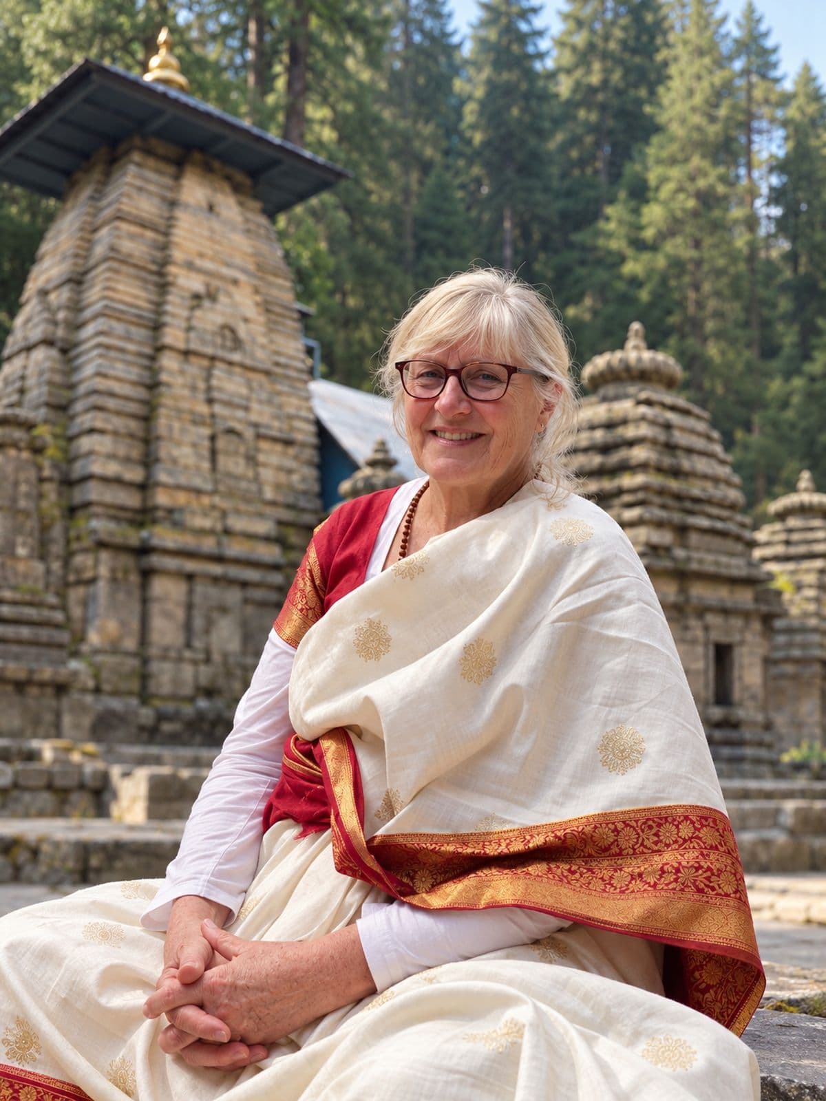 Elna, Vedic astrology consultant, seated at a Himalayan temple in India